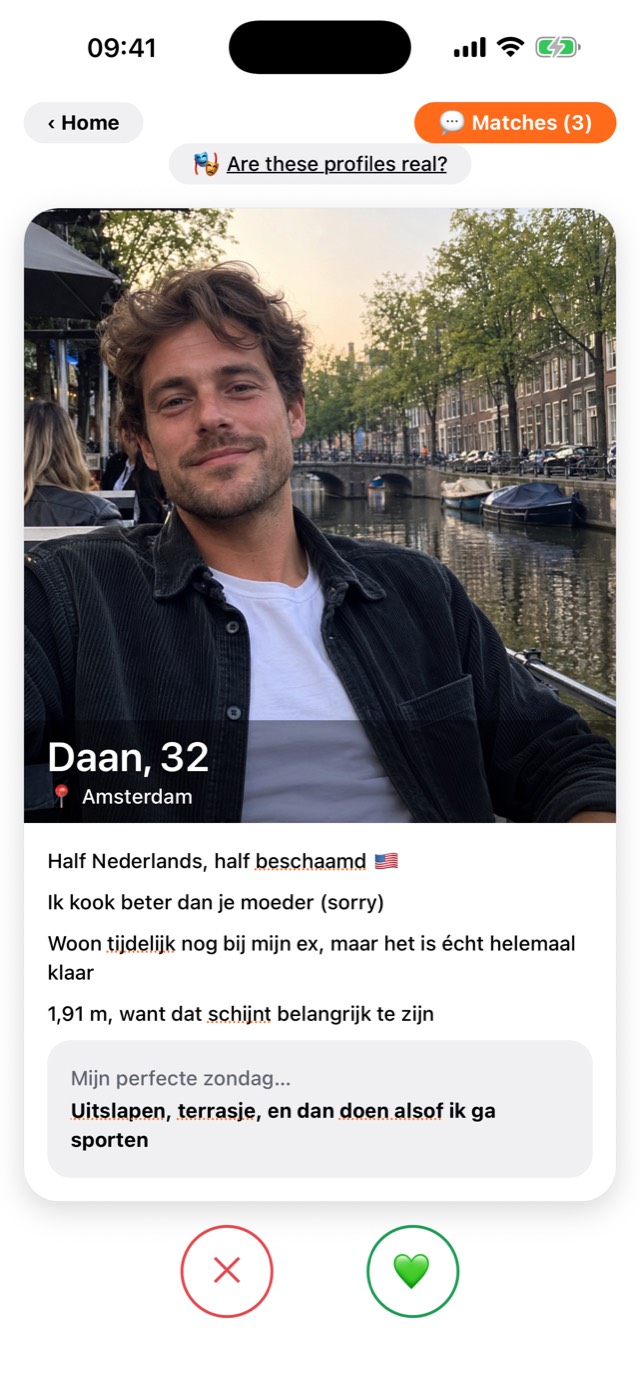 Doe Normaal screen: swiping through a Dutch dating profile