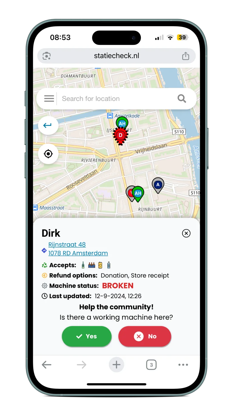 StatieCheck on a phone, showing a map of Amsterdam with deposit machine pins